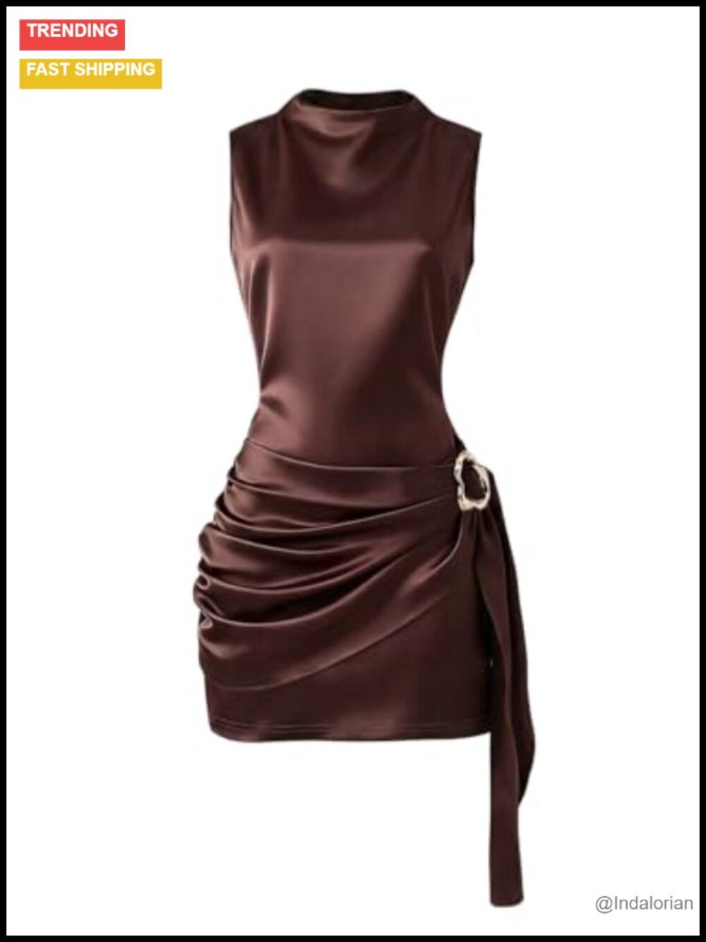 Satin Ruched Bodycon Tie Side Mock Neck Mini Dress
